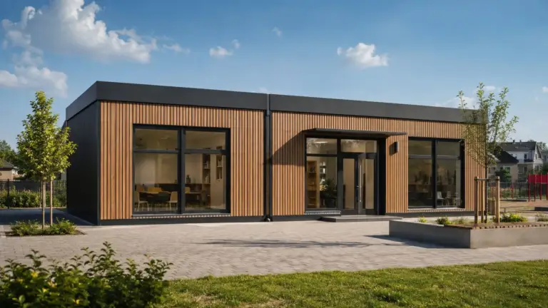 Eingeschossiger Schulanbau in Modulbauweise aus zwei nebeneinander gesetzten Raummodulen mit Lärchenschalung, Eingang mit Vordach und Blick in einen Gruppenraum