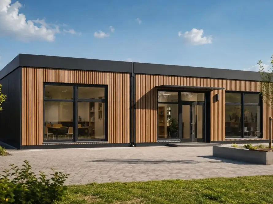 Eingeschossiger Schulanbau in Modulbauweise aus zwei nebeneinander gesetzten Raummodulen mit Lärchenschalung, Eingang mit Vordach und Blick in einen Gruppenraum