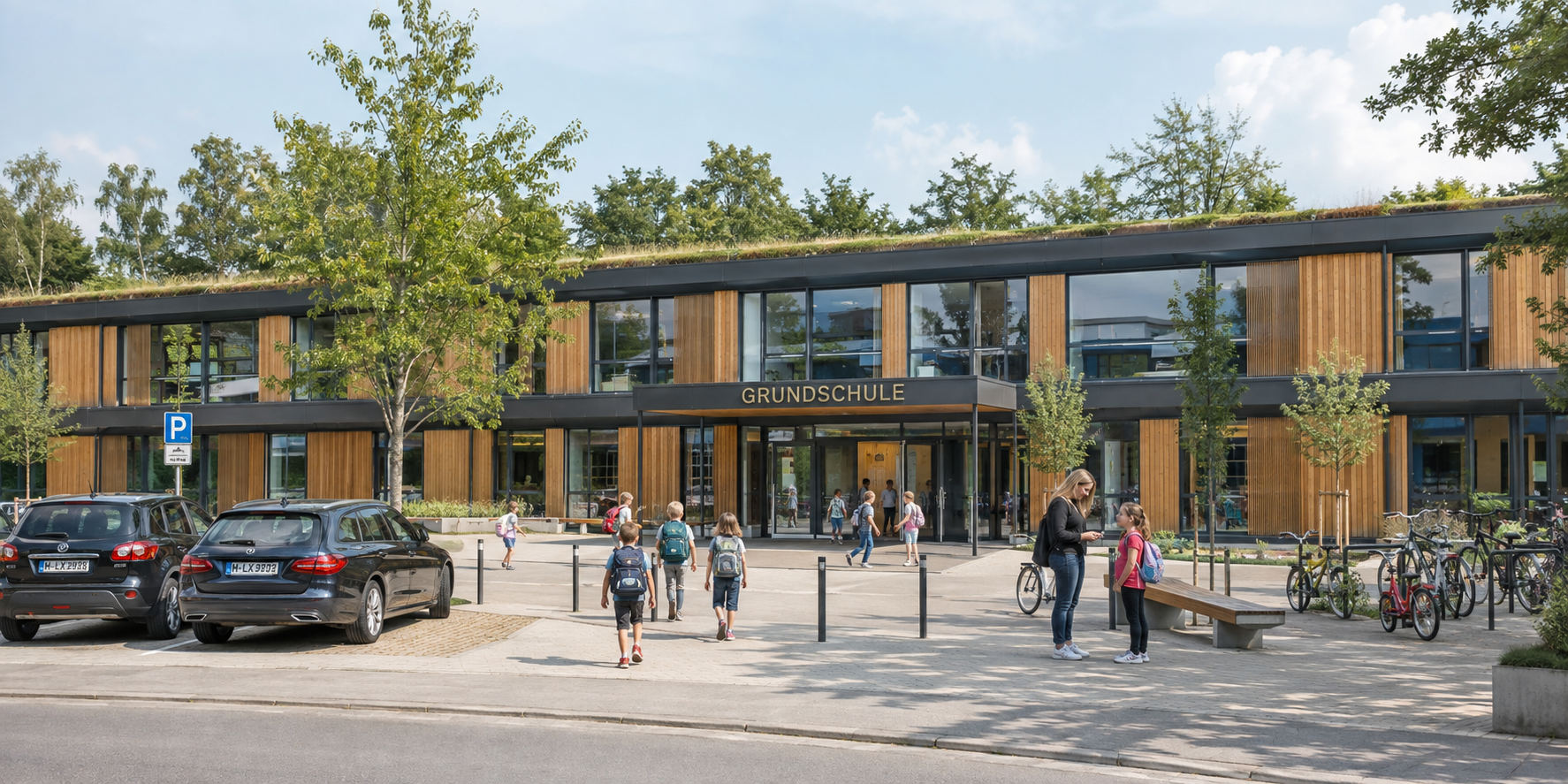 Zweigeschossiges Schulgebäude in Modulbauweise mit Holzfassade und begrüntem Dach, davor Fahrradständer und Schülerinnen und Schüler