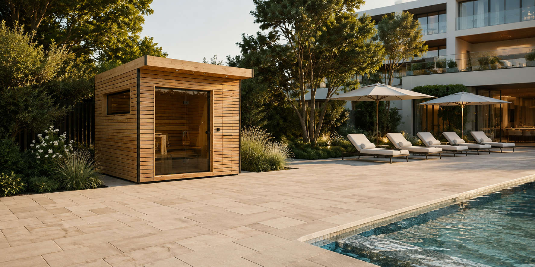 Gartensauna in Modulbauweise mit Holzfassade neben einem Pool, dahinter ein Hotelgebäude