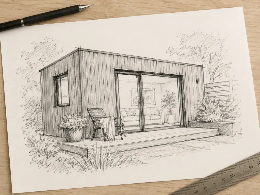 Handzeichnung eines Gartenzimmers mit Terrasse auf Papier, daneben ein Stift und ein Lineal