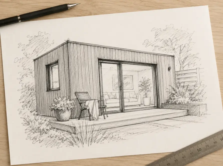 Handzeichnung eines Gartenzimmers mit Terrasse auf Papier, daneben ein Stift und ein Lineal