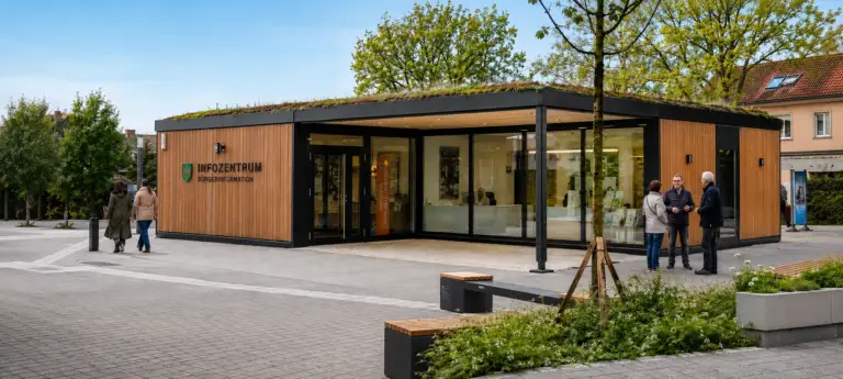 Infozentrum mit Bürgerinformation in Modulbauweise, verglaste Ecke, davor Passanten auf einem gepflasterten Platz