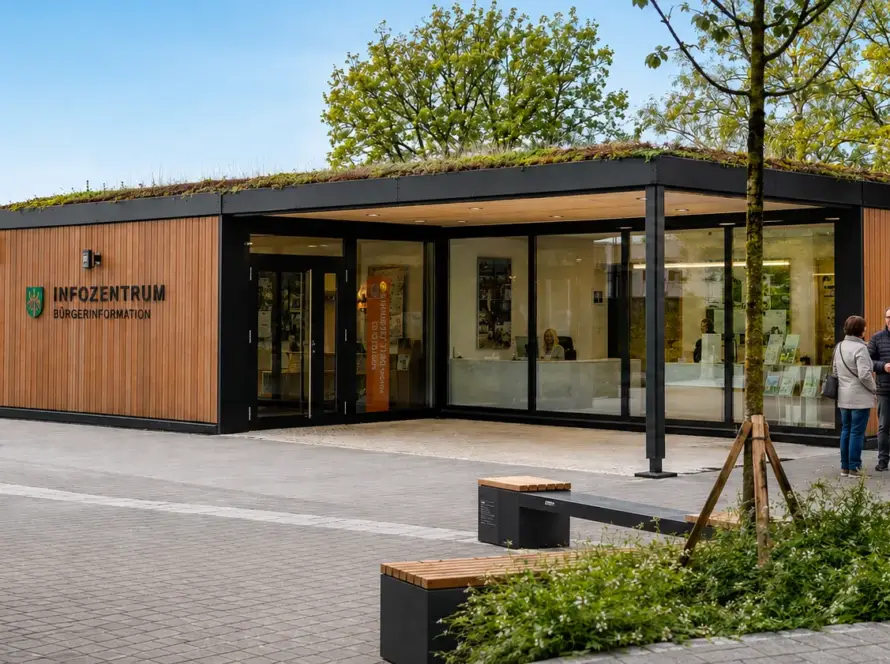 Infozentrum mit Bürgerinformation in Modulbauweise, verglaste Ecke, davor Passanten auf einem gepflasterten Platz