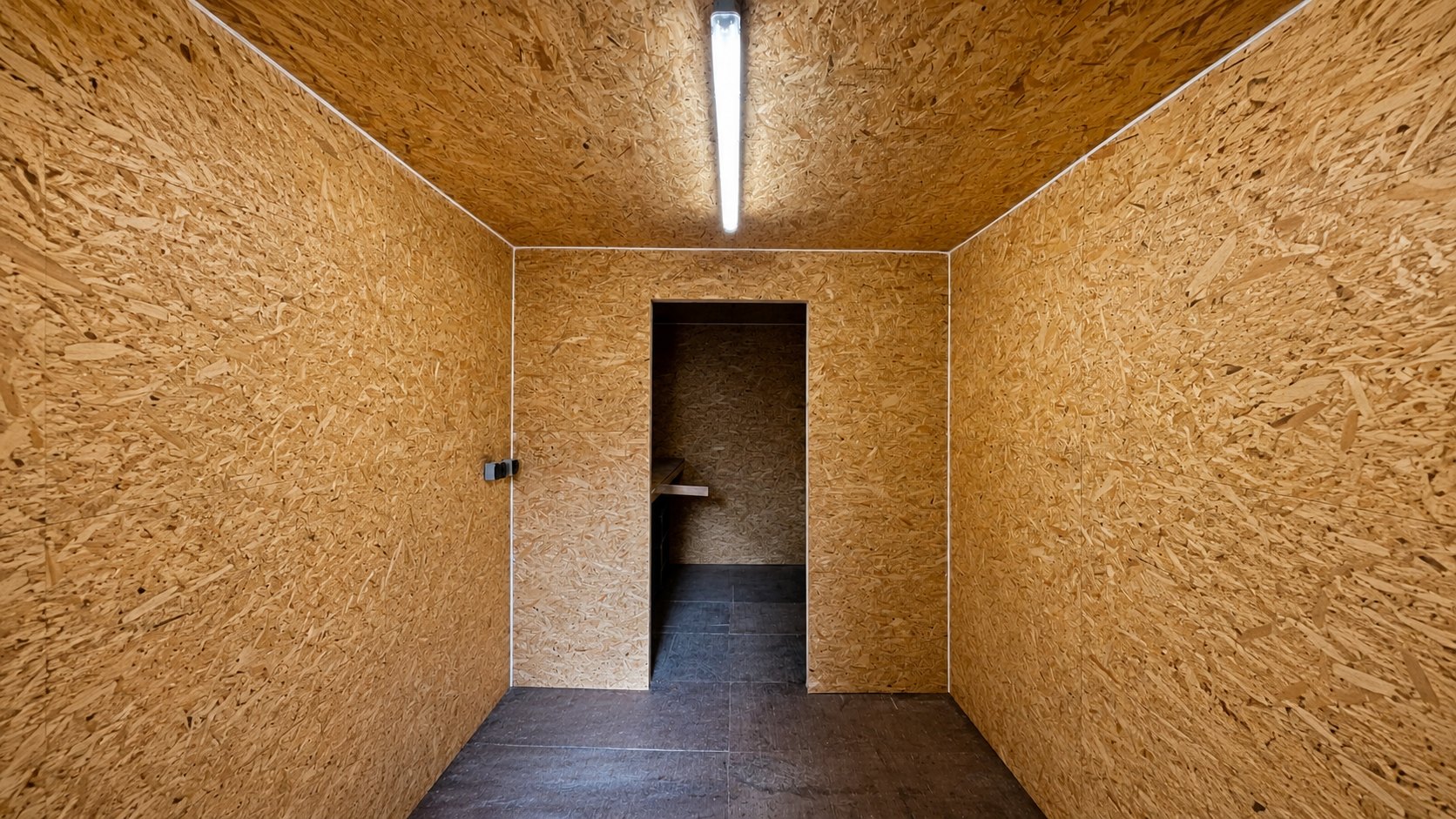 Mit OSB-Platten ausgebauter Innenraum, Blick durch die Tür in das zweite Abteil, an der Decke ein Feuchtraumstrahler