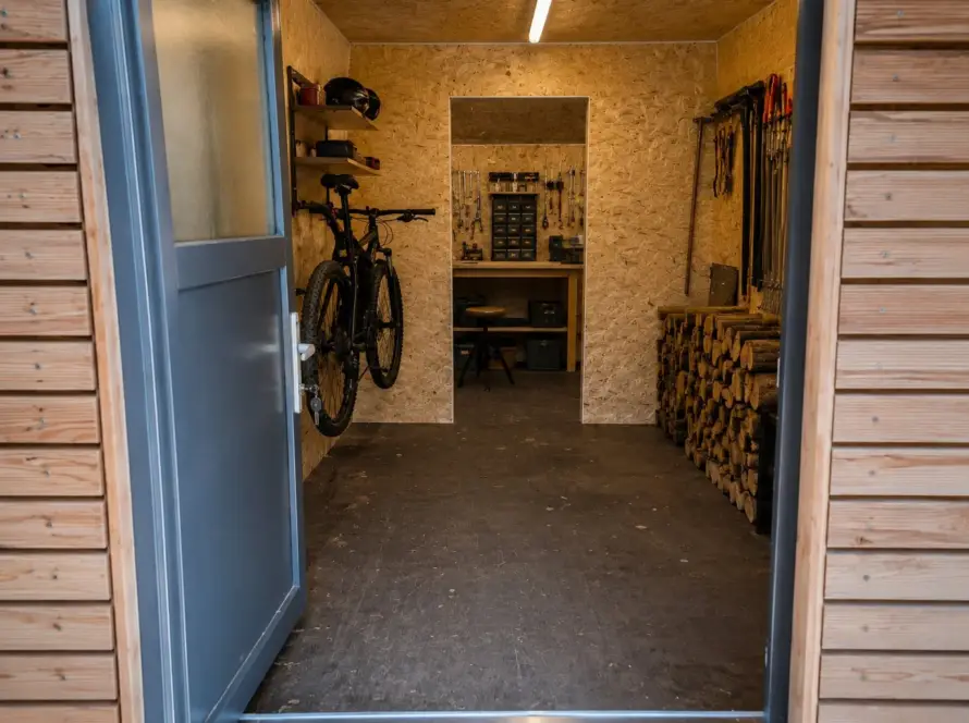 Gartenhaus 15 m² von CONTAIN-US – eingeräumte Werkstatt mit OSB-Ausbau