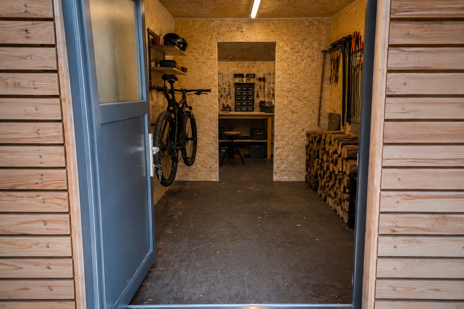 Gartenhaus 15 m² von CONTAIN-US – eingeräumte Werkstatt mit OSB-Ausbau