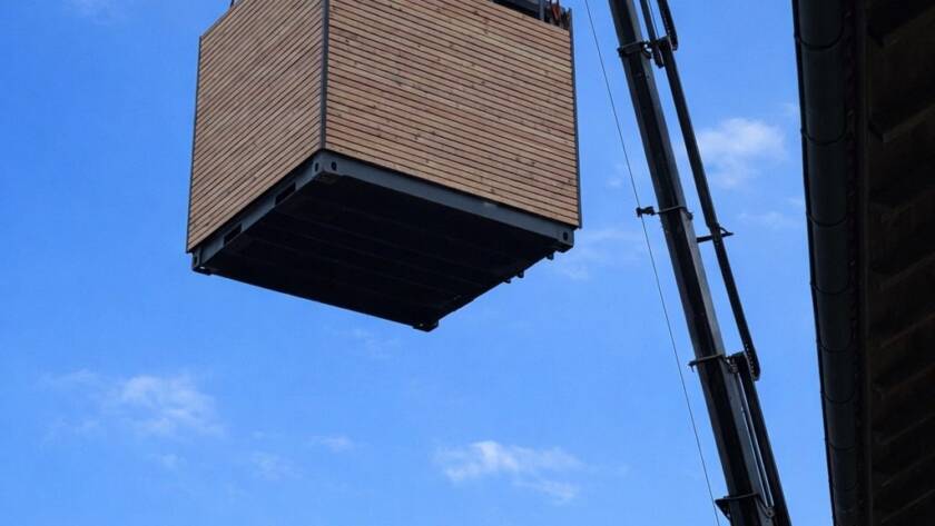 Ein Autokran hebt ein fertiges Contain-us Modul mit Holzfassade durch die Luft, darunter Wohnhäuser
