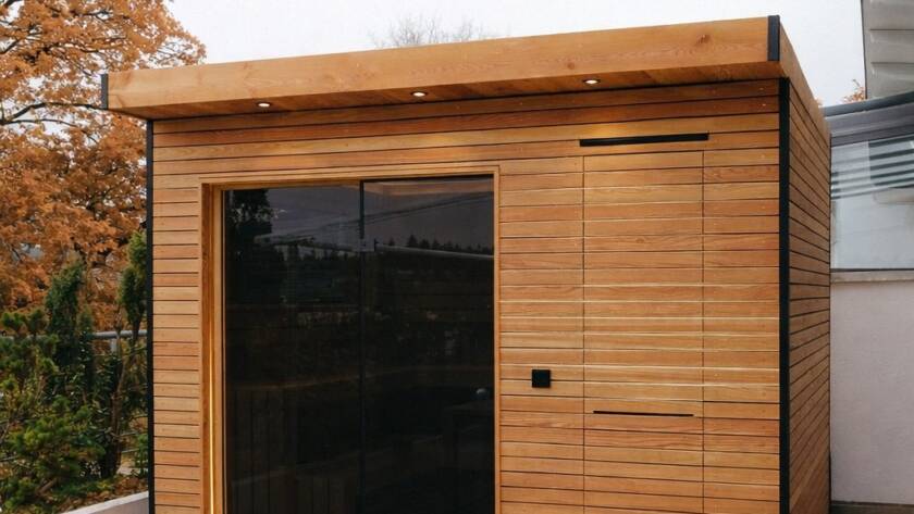 Sauna 7 m² von Contain-us – Außenansicht der Gartensauna auf einer gepflasterten Fläche, daneben ein Fenster zum Garten