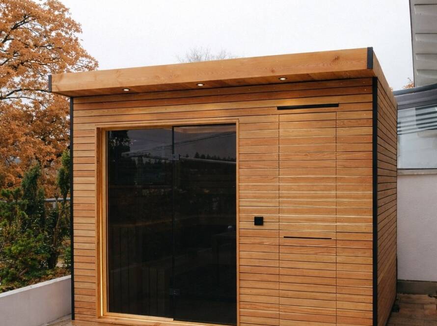 Sauna 7 m² von Contain-us – Außenansicht der Gartensauna auf einer gepflasterten Fläche, daneben ein Fenster zum Garten
