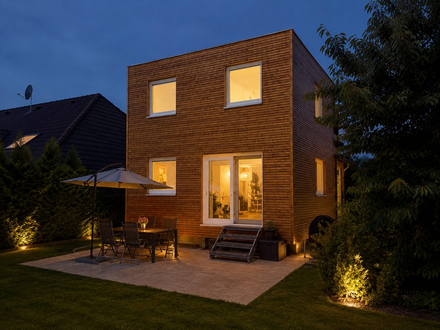 Hausanbau 60 m² von Contain-us – der Anbau in der Dämmerung, die Fenster sind warm beleuchtet, auf der Terrasse steht eine Sitzgruppe