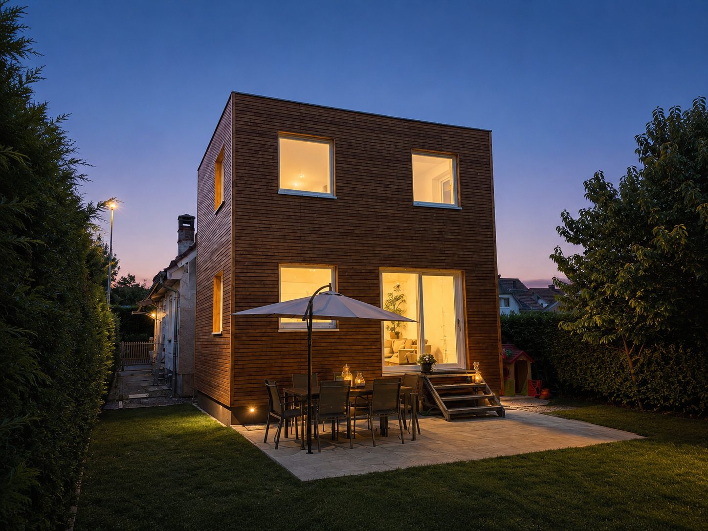 Hausanbau 60 m² von Contain-us – der beleuchtete Anbau bei Nacht, Licht fällt aus den Fenstern auf die Terrasse
