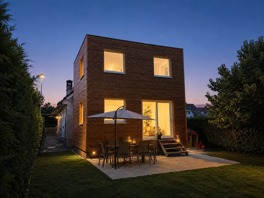 Hausanbau 60 m² von Contain-us – der beleuchtete Anbau bei Nacht, Licht fällt aus den Fenstern auf die Terrasse