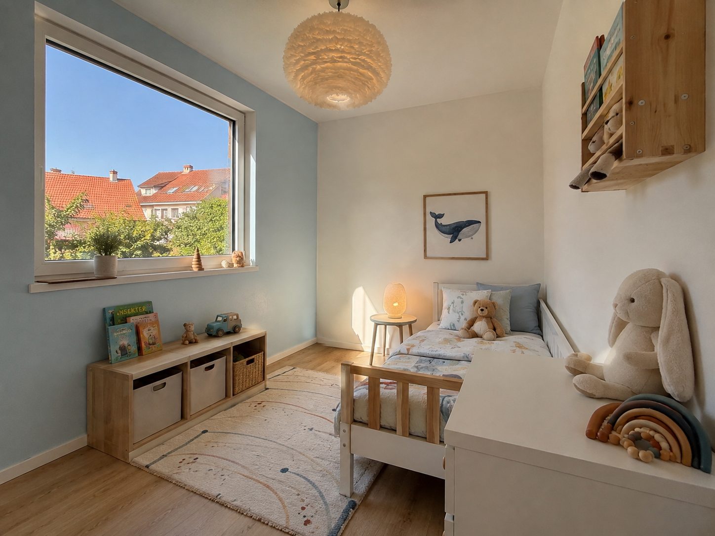 Hausanbau 60 m² von Contain-us – helles Kinderzimmer mit Bett, Wandregal und breitem Fenster