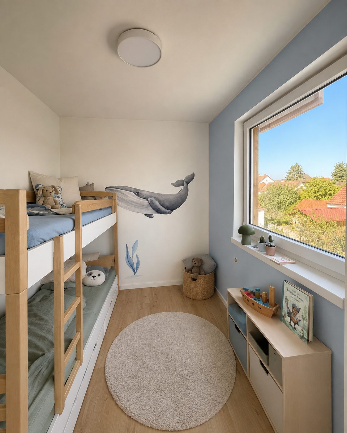 Hausanbau 60 m² von Contain-us – Kinderzimmer mit Hochbett, Wandbild und Fenster mit Blick ins Grüne