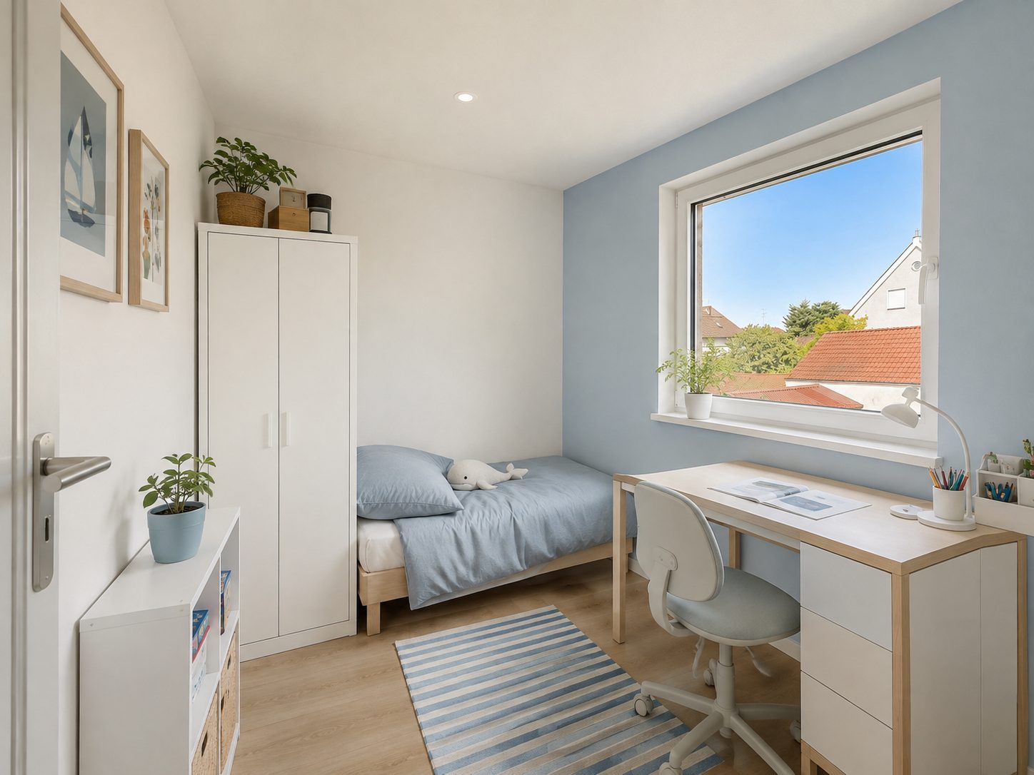 Hausanbau 60 m² von Contain-us – Jugendzimmer mit Bett, Schreibtisch und weißem Kleiderschrank