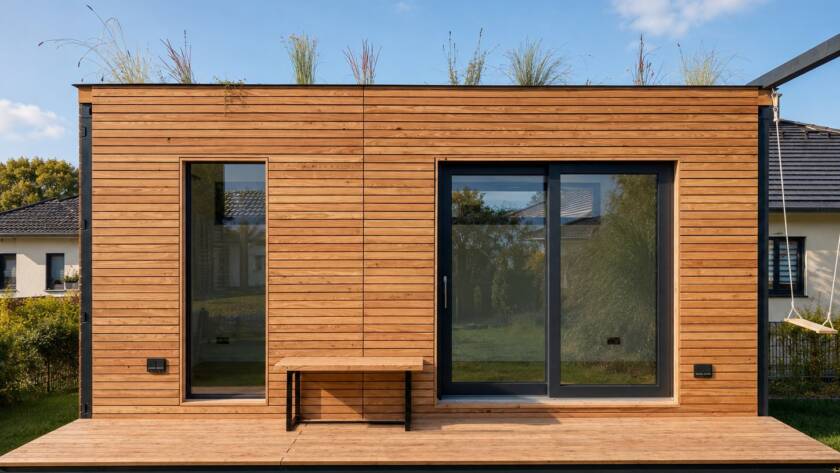 Heimkino 15 m² von Contain-us – Außenansicht mit Fensterfront und vorgelagerter Holzterrasse