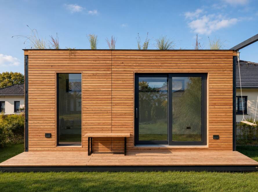 Heimkino 15 m² von Contain-us – Außenansicht mit Fensterfront und vorgelagerter Holzterrasse