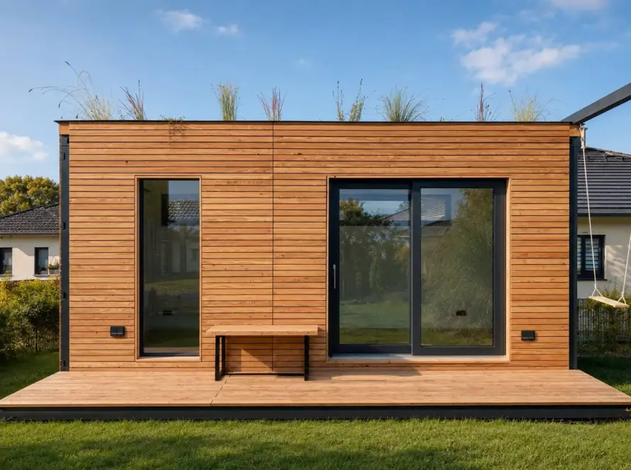 Heimkino 15 m² von Contain-us – Außenansicht mit Fensterfront und vorgelagerter Holzterrasse