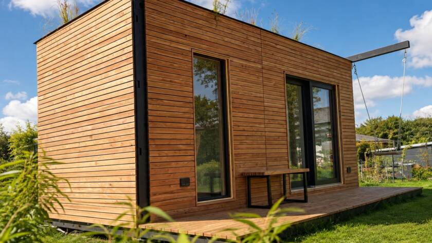 Heimkino 15 m² von Contain-us – Außenansicht über den Rasen, Holzfassade und Terrasse