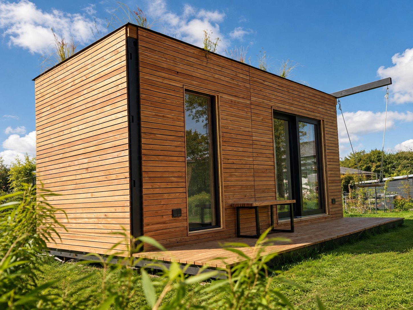 Heimkino 15 m² von Contain-us – Außenansicht über den Rasen, Holzfassade und Terrasse