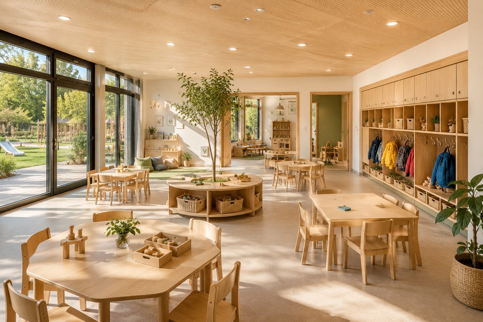 Gruppenraum von innen: Tageslicht, Holzoberflächen, Garderobe in Kinderhöhe