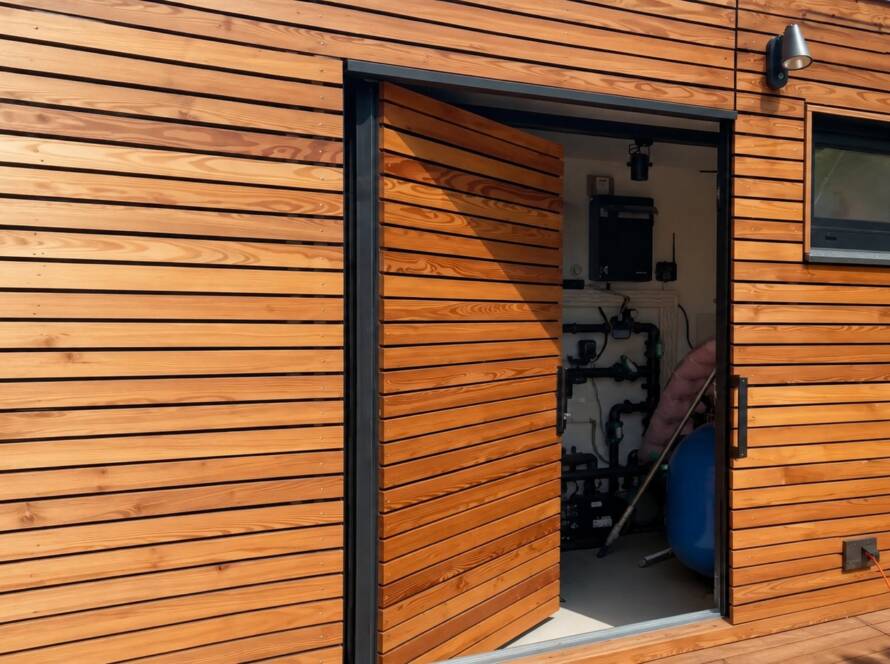 Poolhaus von CONTAIN-US – geöffneter Pooltechnikraum mit Filteranlage