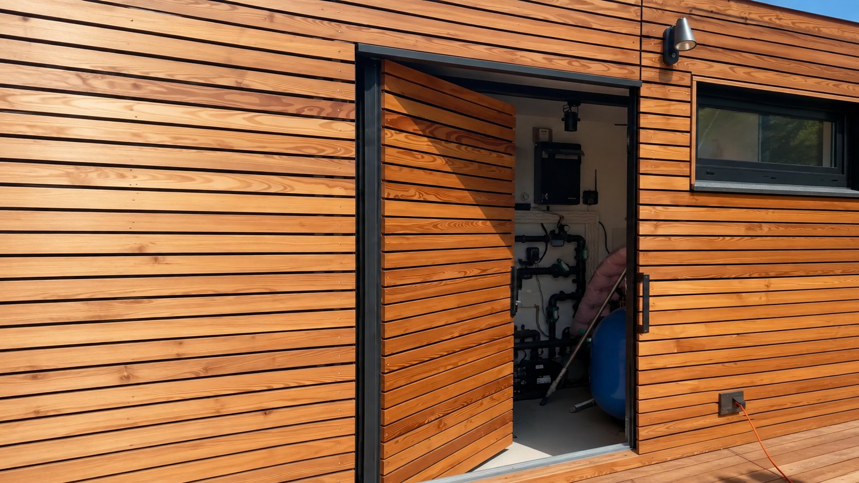 Poolhaus von CONTAIN-US – geöffneter Pooltechnikraum mit Filteranlage