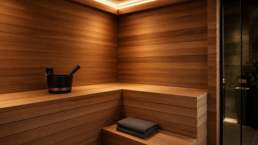 Sauna 7 m² von Contain-us – Saunainnenraum mit Eckbank aus Hemlock und indirekter Beleuchtung