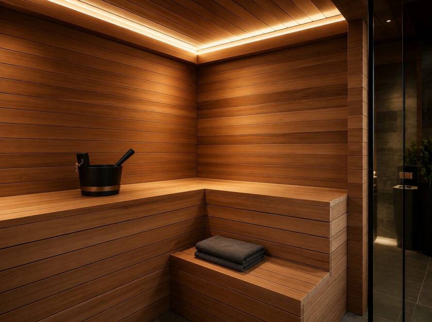 Sauna 7 m² von Contain-us – Saunainnenraum mit Eckbank aus Hemlock und indirekter Beleuchtung