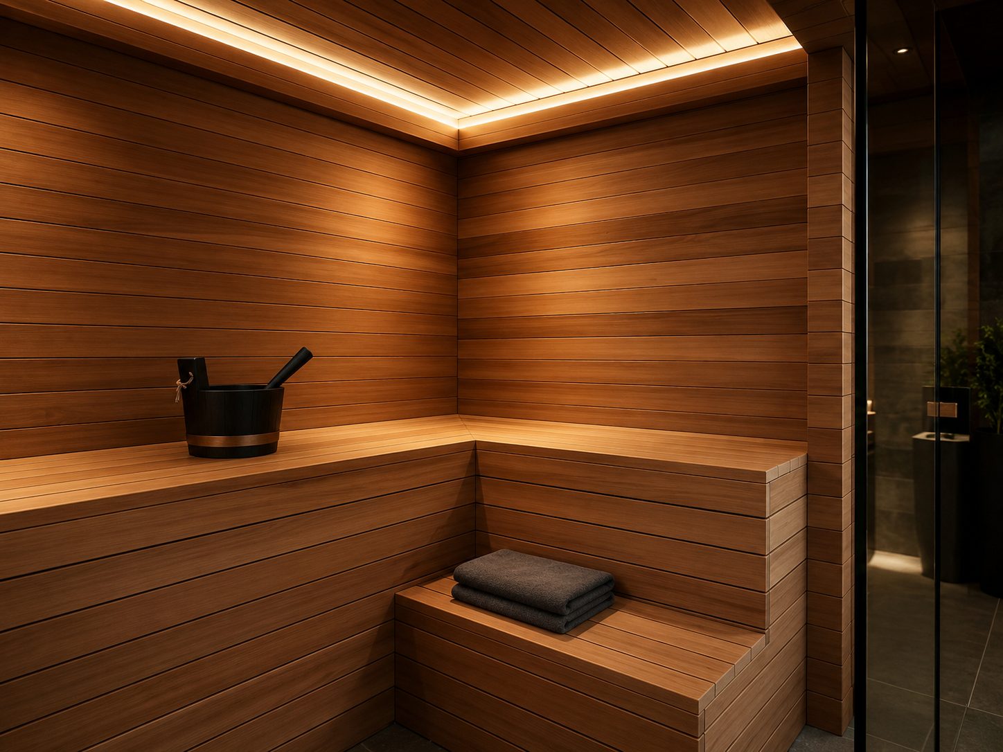 Sauna 7 m² von Contain-us – Saunainnenraum mit Eckbank aus Hemlock und indirekter Beleuchtung