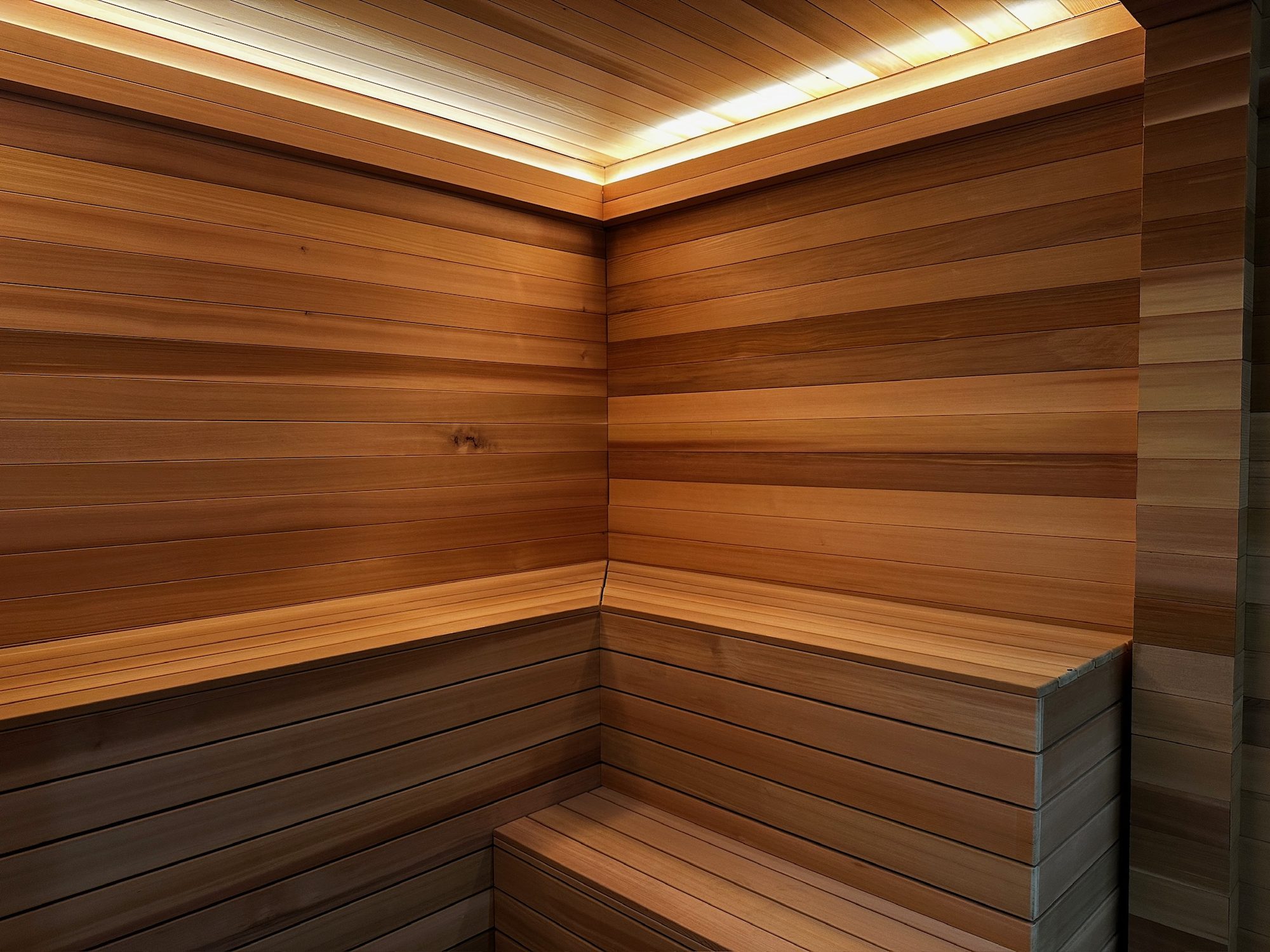 Sauna 7 m² von Contain-us – Eckbank aus hellem Holz mit indirekter Beleuchtung unter der Decke