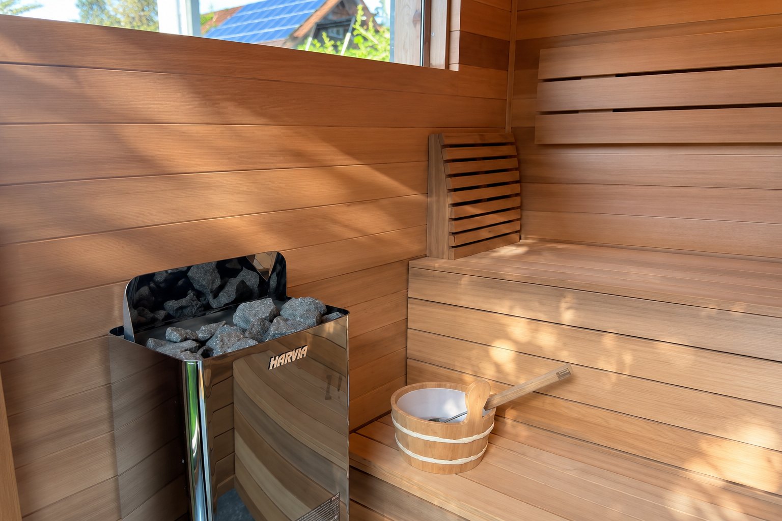 Sauna 7 m² von CONTAIN-US – Harvia-Saunaofen im Saunaraum