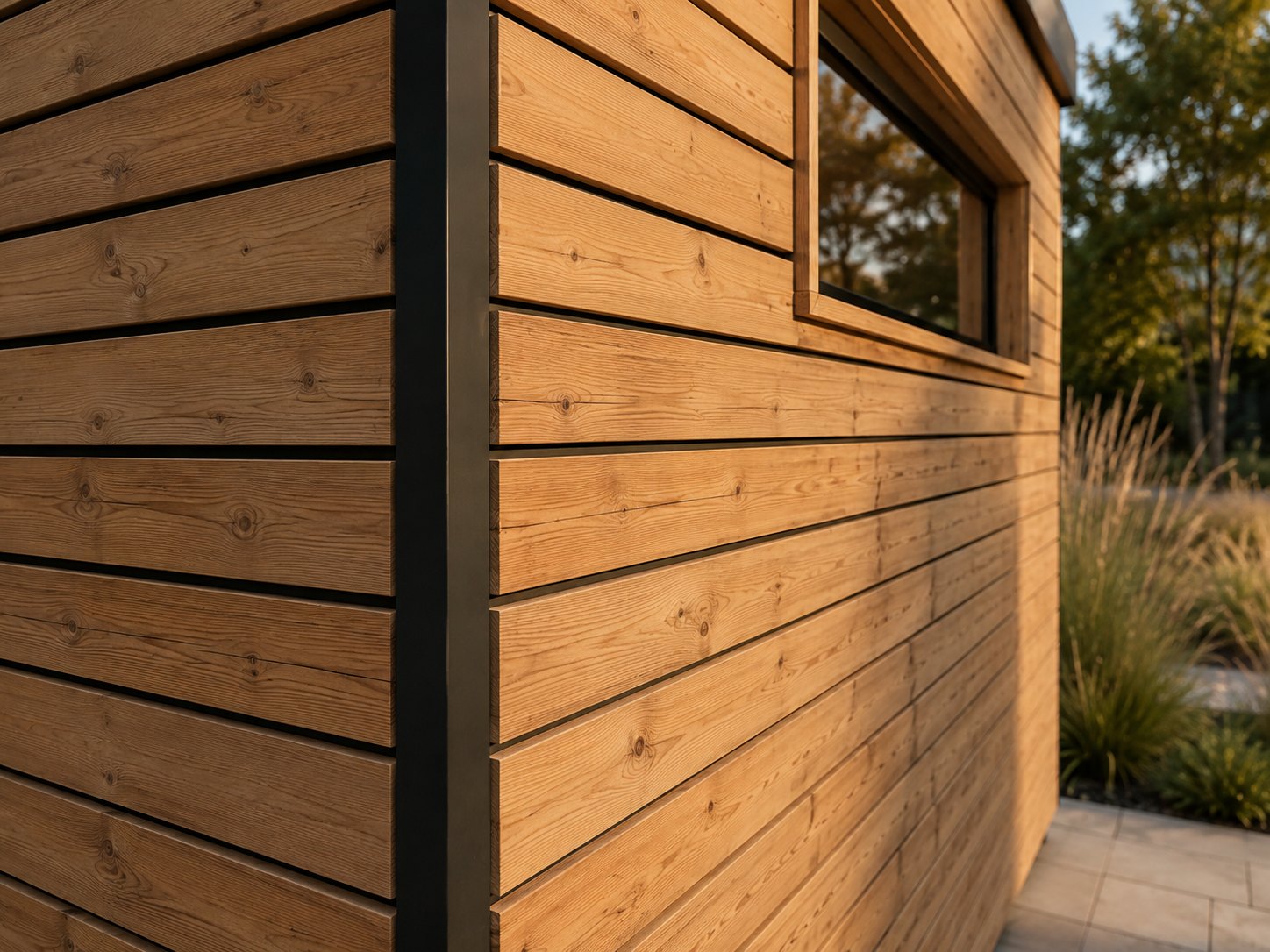 Holzfassade aus Lärche natur im Detail, waagerechte Lattung mit schmalem Fenster
