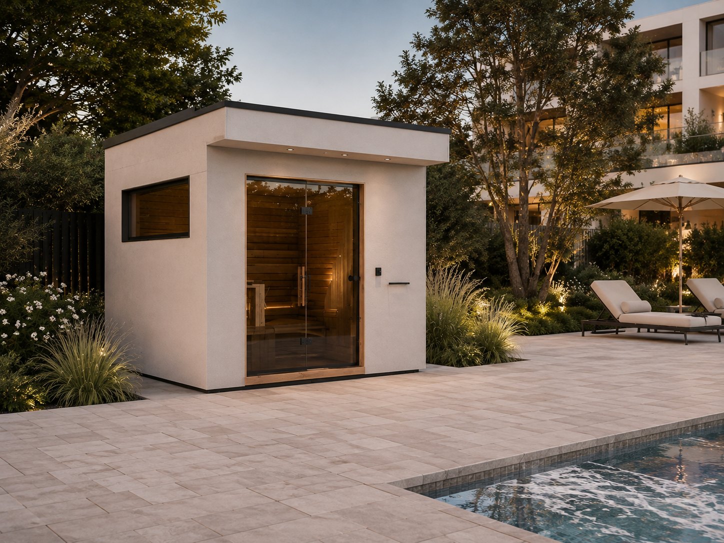 Saunamodul mit glatter, hell verputzter Fassade am Pool