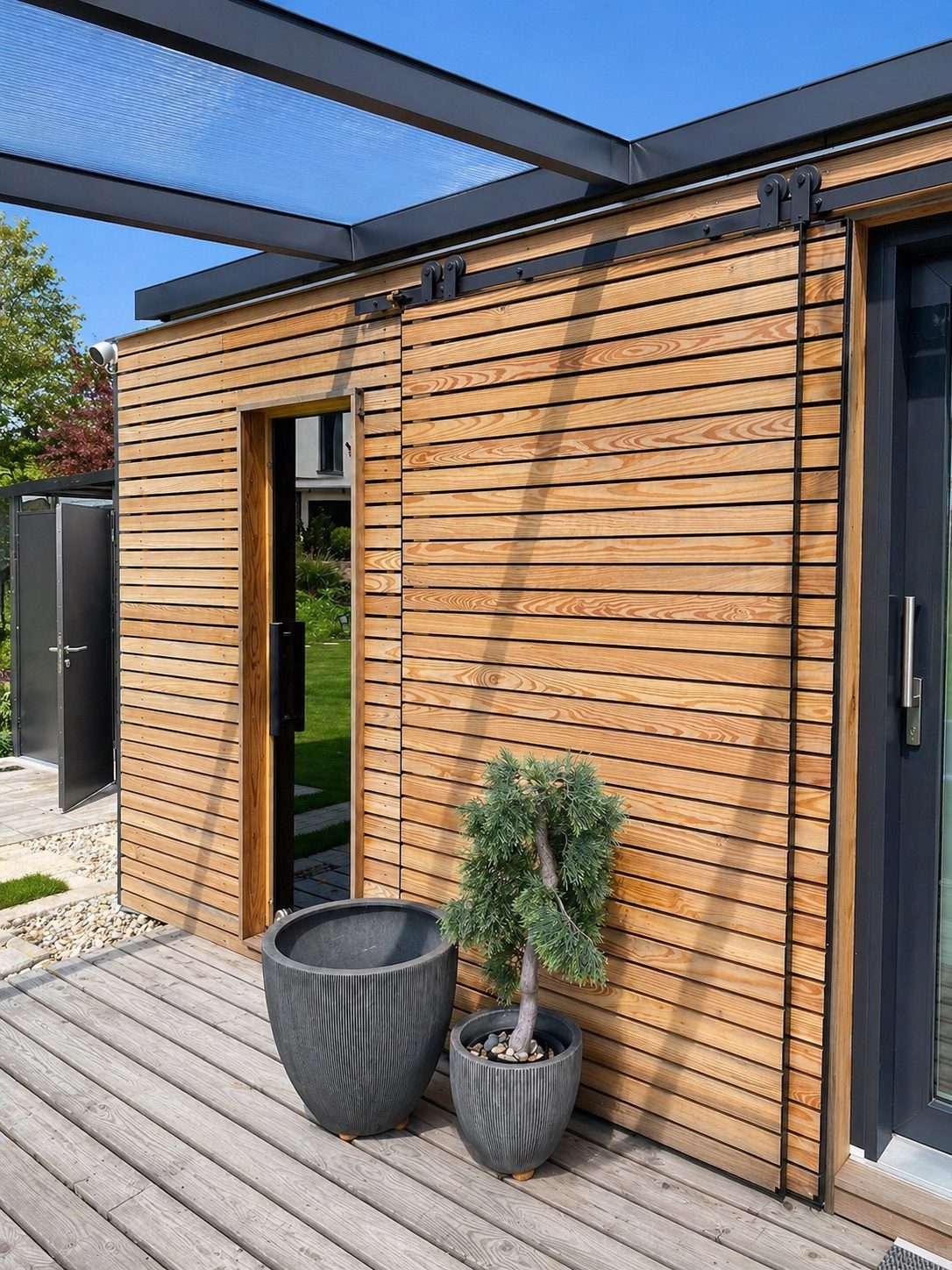 Sauna mit Büro 15 m² von Contain-us – Außenansicht mit geöffneter Schiebetür und vorgesetzten Holzlamellen