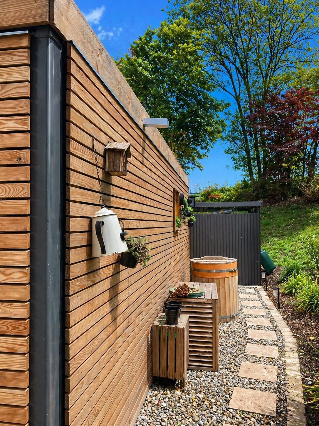 Sauna mit Büro 15 m² von Contain-us – Außenwand mit Holzlamellen, davor ein Plattenweg und ein Holzbottich