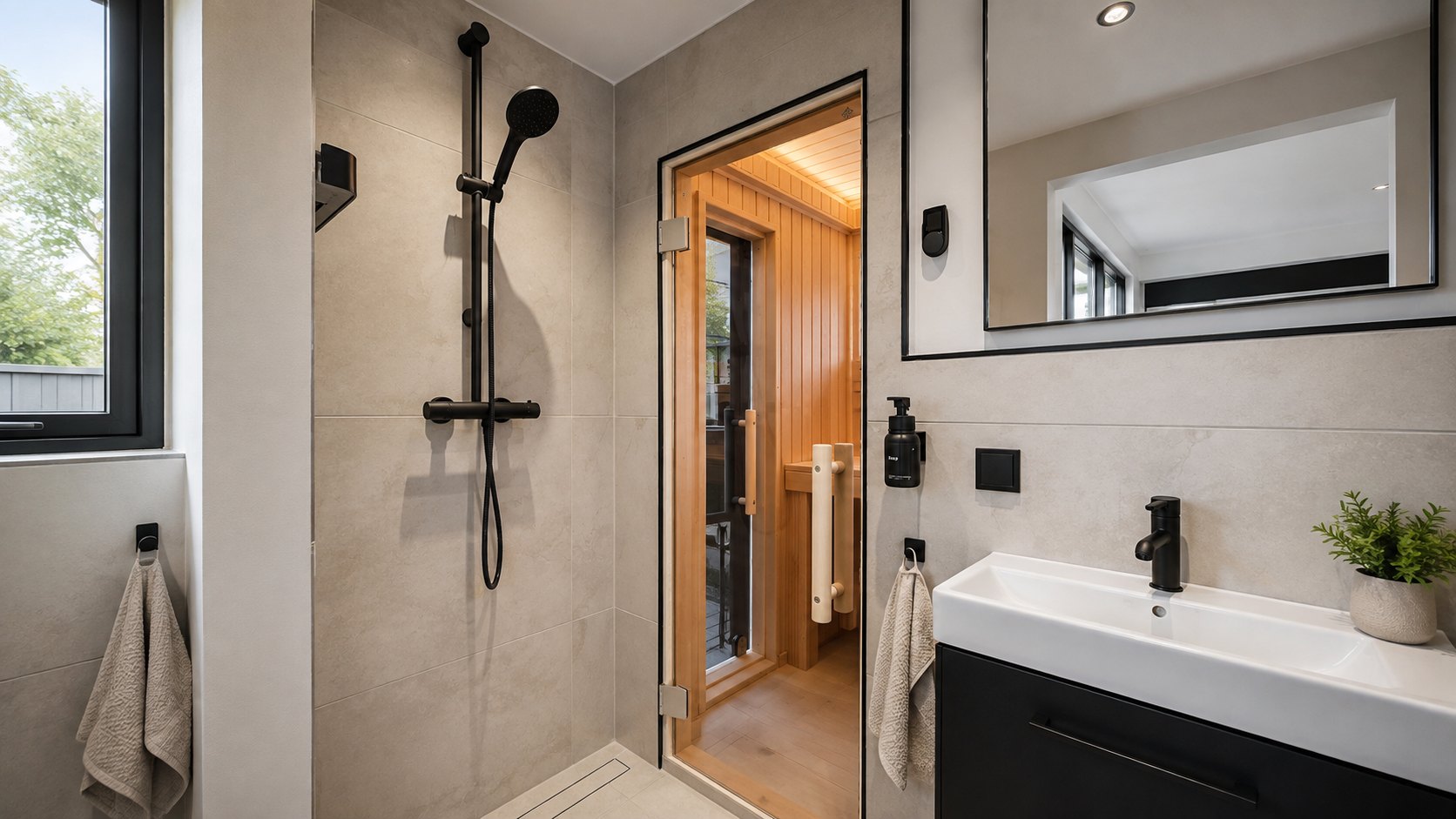 Duschraum eines Saunamoduls mit bodengleicher Dusche und Ablaufrinne im Boden