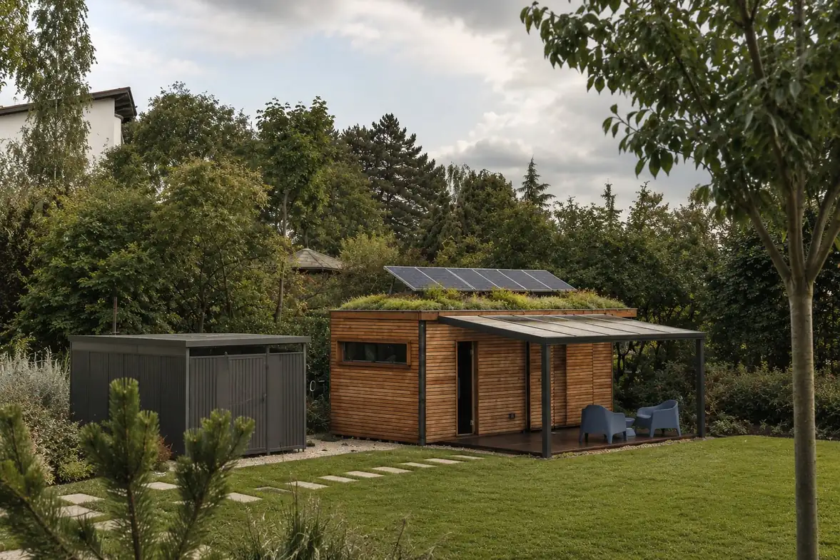 Sauna mit Büro 15 m² von CONTAIN-US – Gründach mit Photovoltaikmodulen