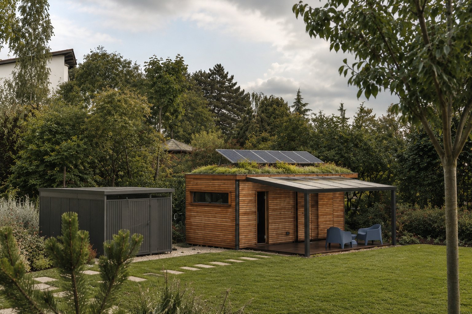 Sauna mit Büro 15 m² von CONTAIN-US – Gründach mit Photovoltaikmodulen