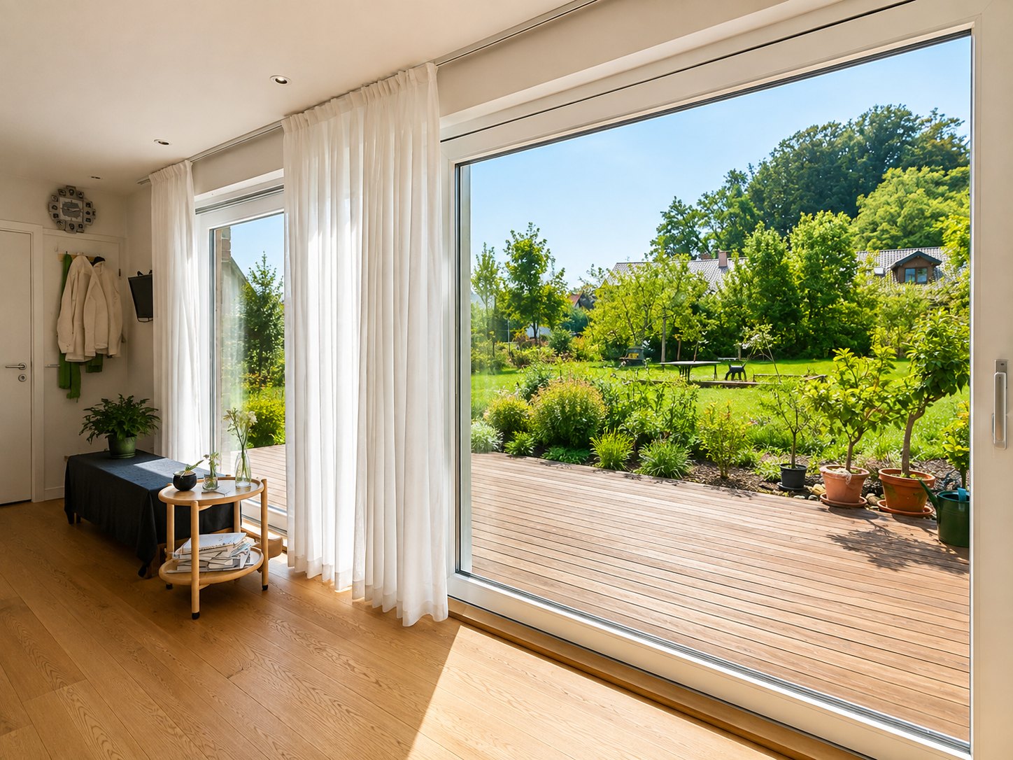 Tiny House 30 m² von Contain-us – Innenraum mit Schiebefront und Blick auf die Terrasse