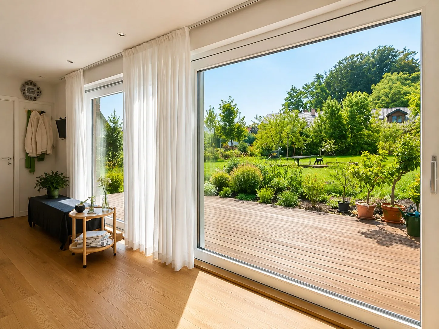 Tiny House 30 m² von Contain-us – Innenraum mit Schiebefront und Blick auf die Terrasse