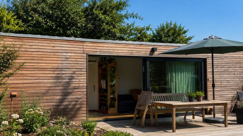 Tiny House 30 m² von Contain-us – Außenansicht mit Terrasse und Sitzgruppe unter einer Markise