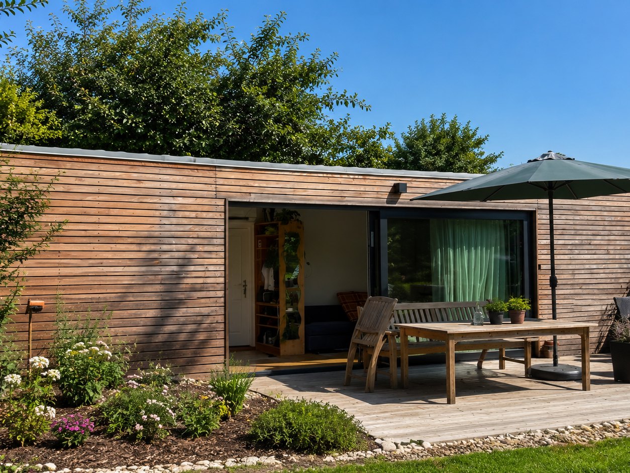 Tiny House 30 m² von Contain-us – Außenansicht mit Terrasse und Sitzgruppe unter einer Markise