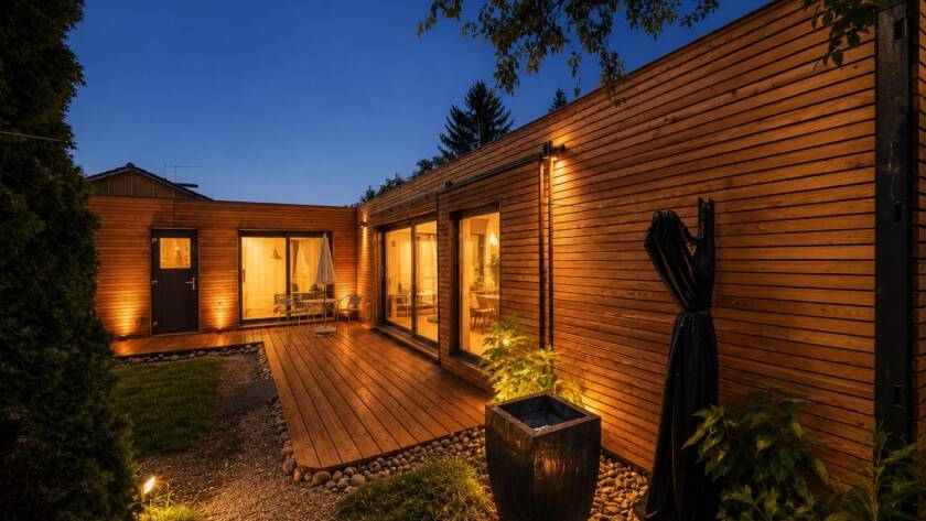 Tiny House 45 m² von Contain-us – Innenhof in der Dämmerung, indirekte Beleuchtung entlang der Holzfassade