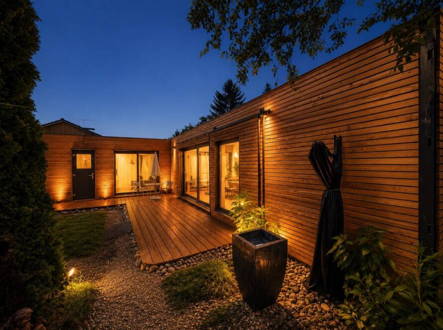Tiny House 45 m² von Contain-us – Innenhof in der Dämmerung, indirekte Beleuchtung entlang der Holzfassade