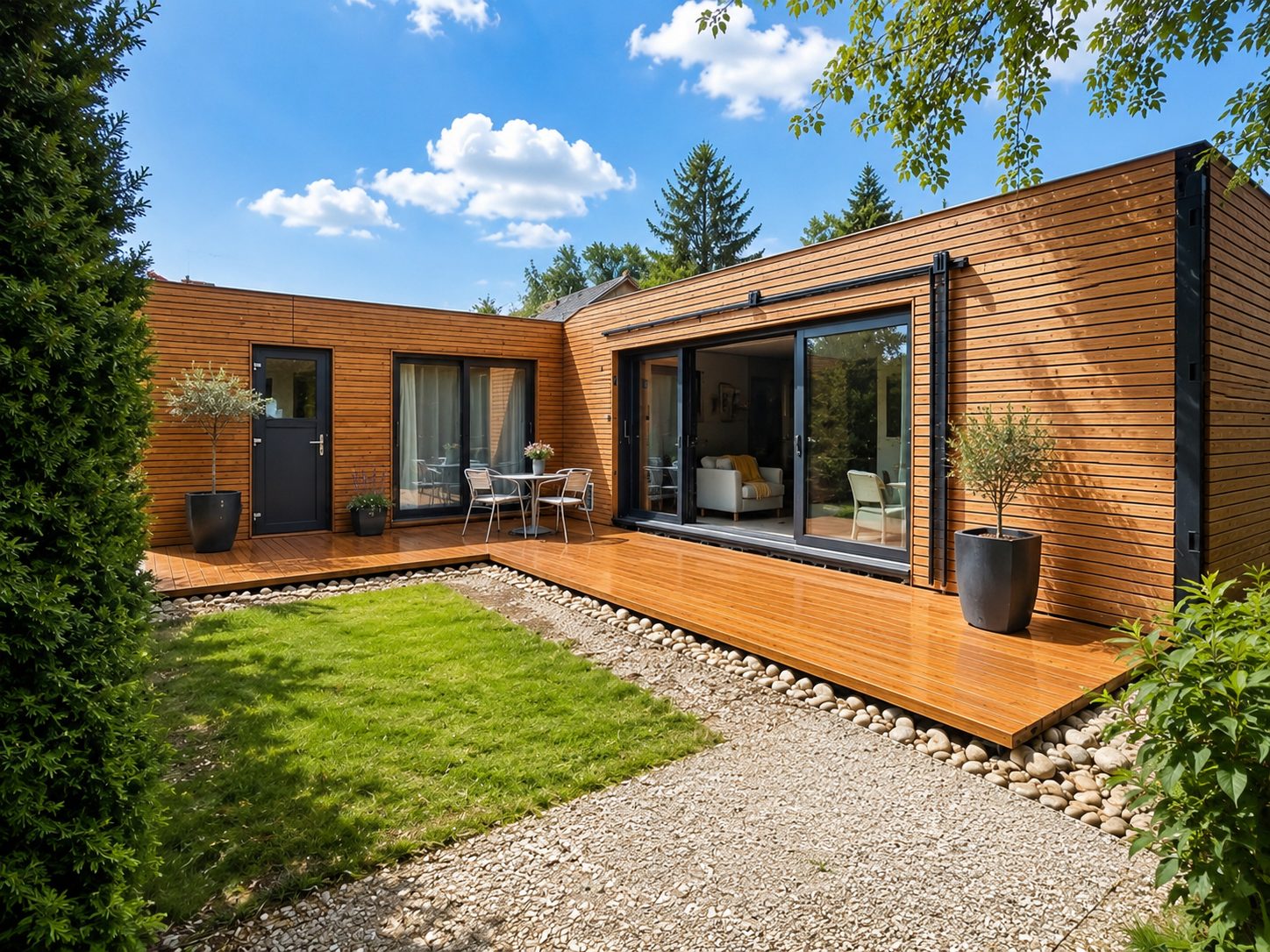 Tiny House 45 m² von Contain-us – Blick über den Innenhof auf die verglaste Gebäudeecke, davor Kiesstreifen und Rasen