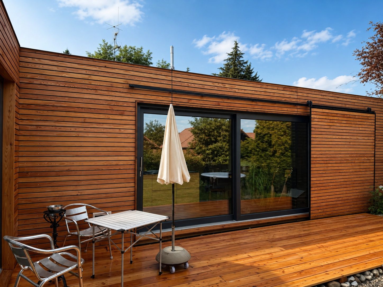 Tiny House 45 m² von Contain-us – Terrasse mit Tisch, Stühlen und geschlossenem Sonnenschirm vor der Schiebefront