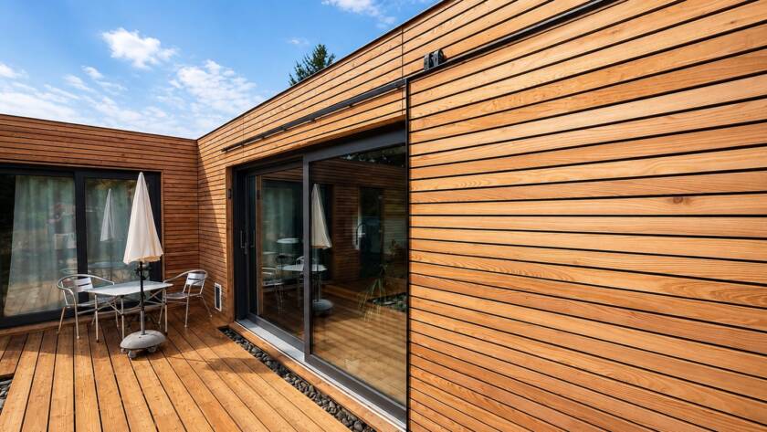 Tiny House 45 m² von Contain-us – Holzterrasse mit Sitzplatz an der Gebäudeecke