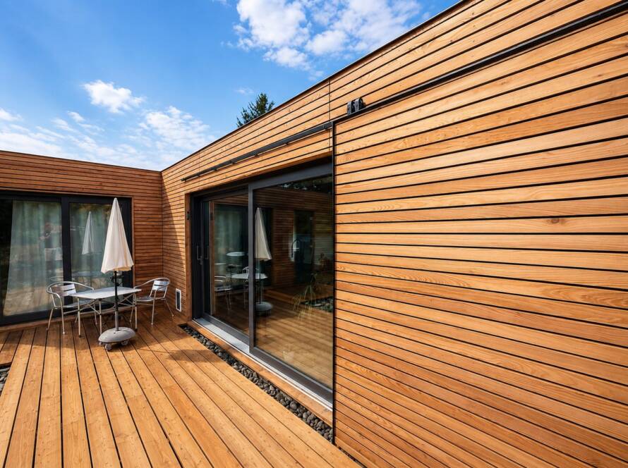 Tiny House 45 m² von Contain-us – Holzterrasse mit Sitzplatz an der Gebäudeecke